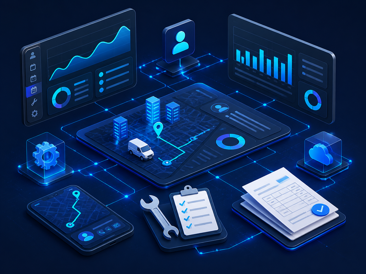Ilustración de paneles de control, partes de trabajo y facturas de ServicioTec